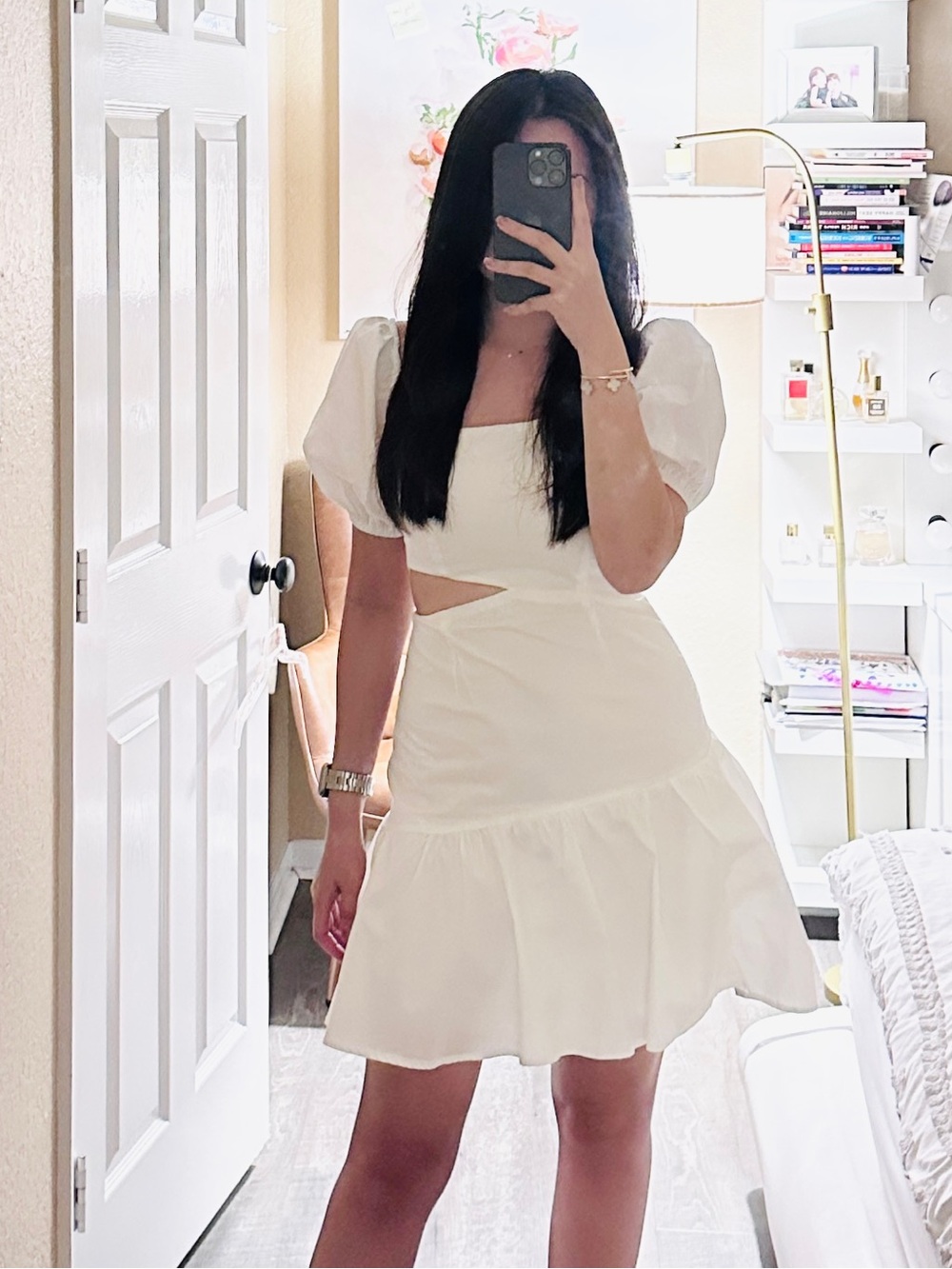 Astr White Puff Sleeve Mini Dress with Cutout